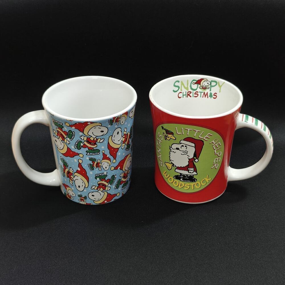 Peanuts Snoopy Ice Skating Holiday Santas Little Helper Woodstock Mugs Lot of 2